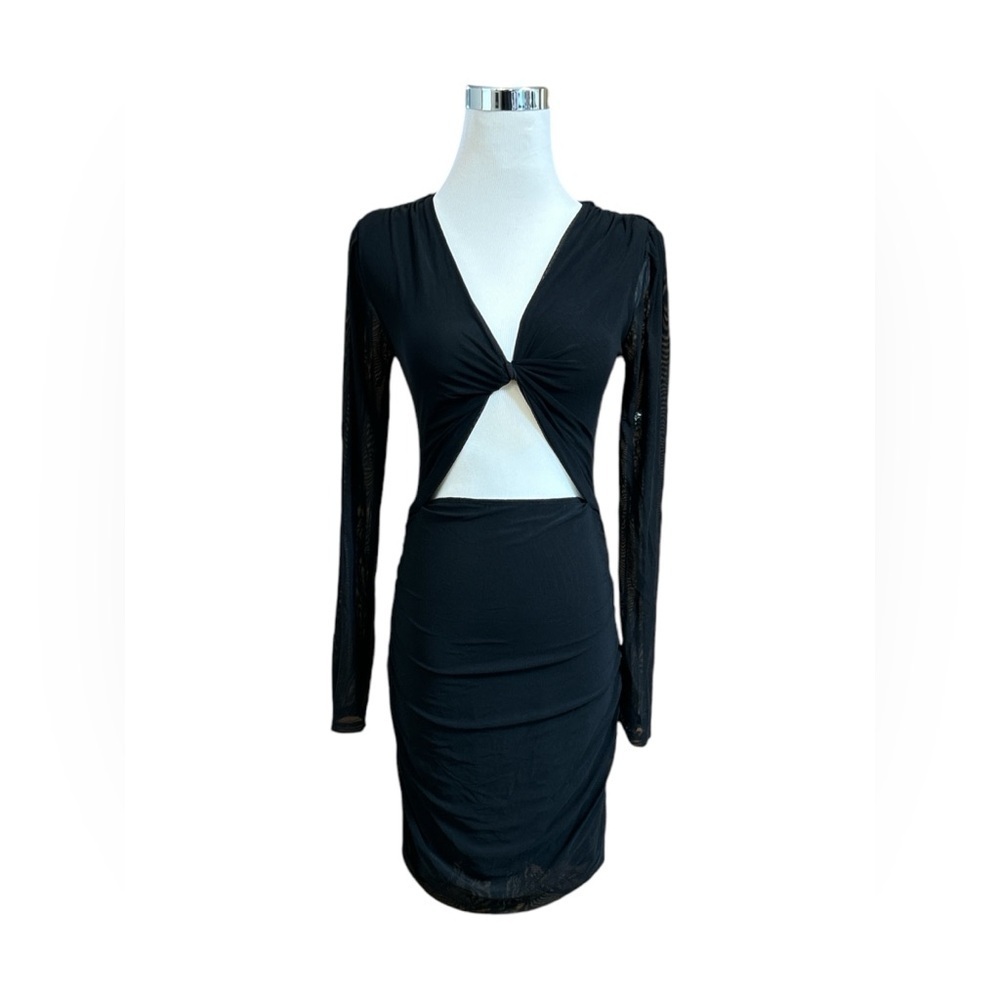 Adika Bodycon Mini Dress Women's Size M Black Stretch Ruched Sheer Sleeve Twist